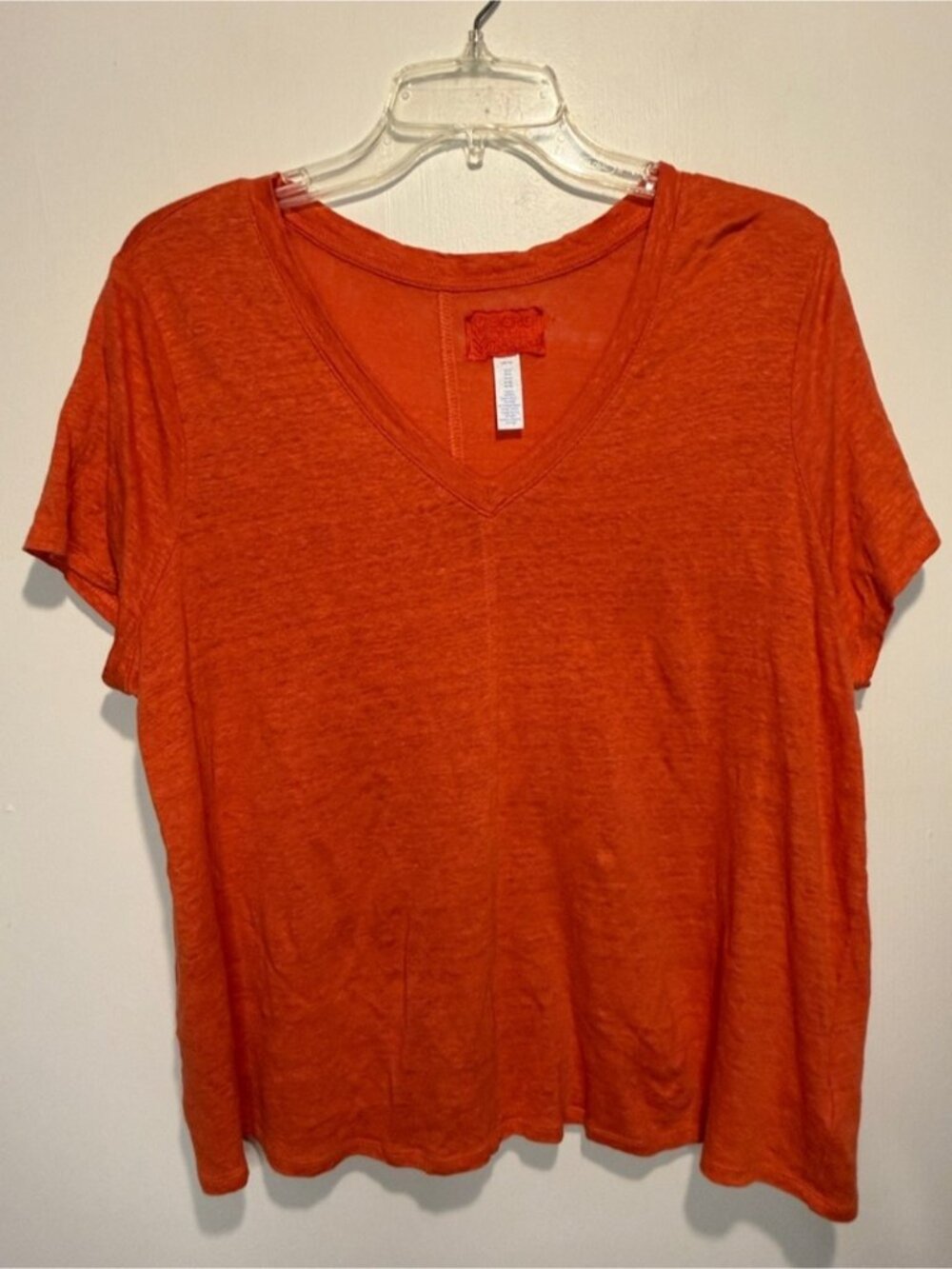 Linen Bright Orange Short Sleeve V Neck Top